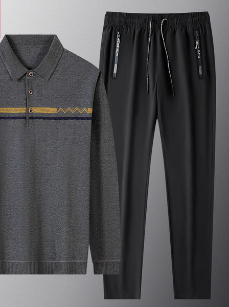 Ανδρική casual μπλούζα με γιακά και σετ δεμένο παντελόνι