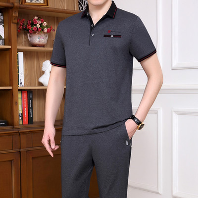 Jauna modeļa sporta vīriešu divdaļīgs komplekts ar īsām piedurknēm un apakšu ar kabatu un logotipu