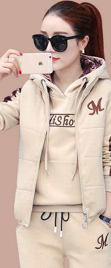 Women`s sporty three-piece set with embroidery and hood