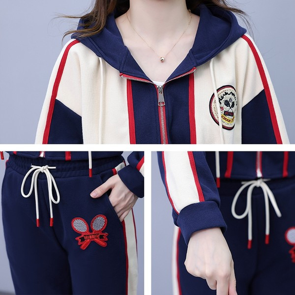 Γυναικείο αθλητικό σετ δύο τεμαχίων με κέντημα με κουκούλα και κορδόνια