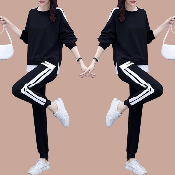 Casual γυναικεία μπλούζα και παντελόνι σετ με piping