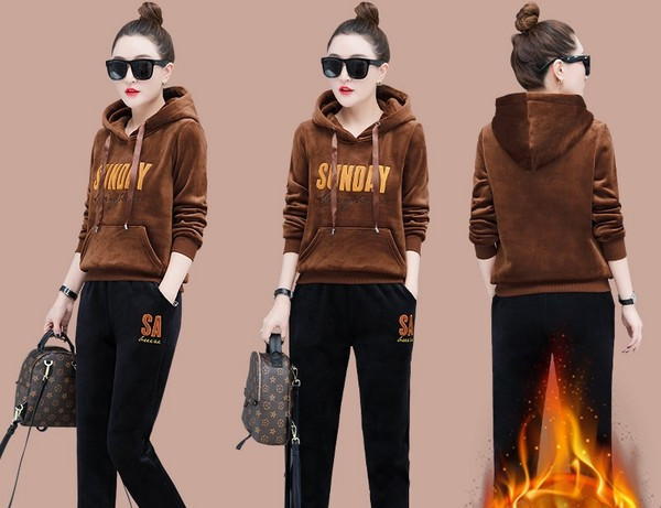 Φθινοπωρινό Σετ με βελούδινη κουκούλα και παντελόνι για γυναίκες