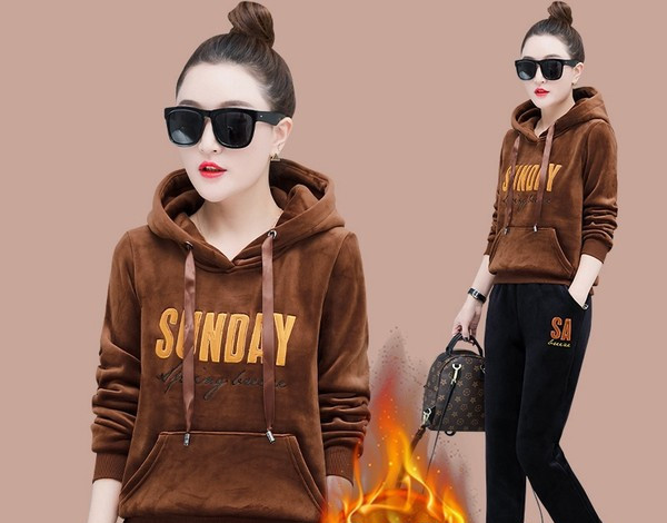 Φθινοπωρινό Σετ με βελούδινη κουκούλα και παντελόνι για γυναίκες