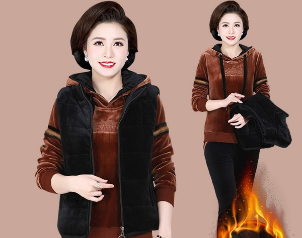 Sieviešu stepēts trīsdaļīgs komplekts ar kapuci