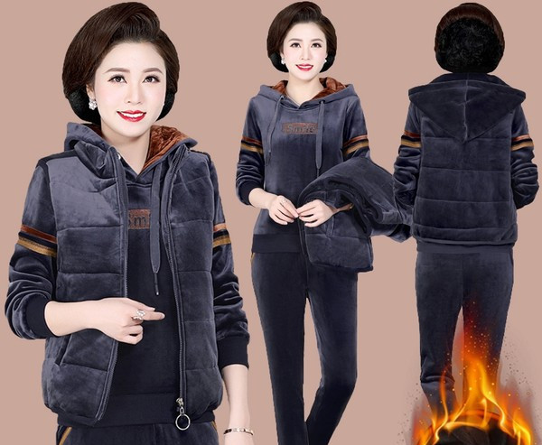 Sieviešu stepēts trīsdaļīgs komplekts ar kapuci