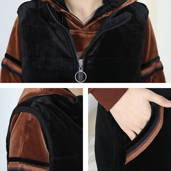 Sieviešu stepēts trīsdaļīgs komplekts ar kapuci