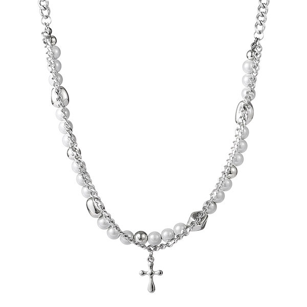 Férfi kétrétegű lánc kereszt medállal és gyöngyökkel