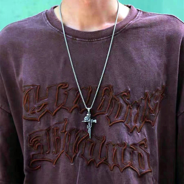 Vīriešu titāna tērauda ķēde ar krusta un rozes kulonu