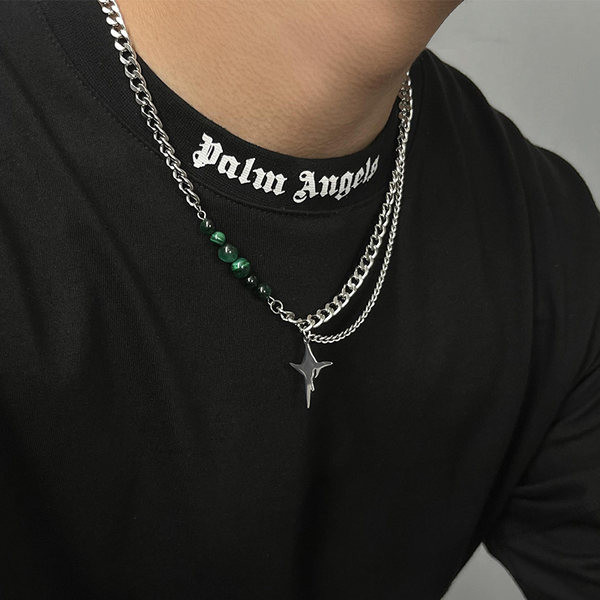 Férfi titán acél lánc csillag medállal és gyöngyökkel