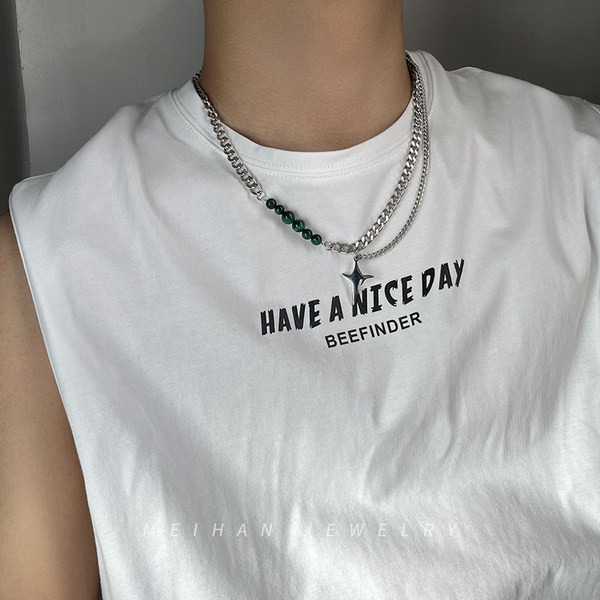 Férfi titán acél lánc csillag medállal és gyöngyökkel