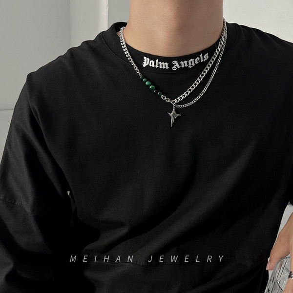 Férfi titán acél lánc csillag medállal és gyöngyökkel