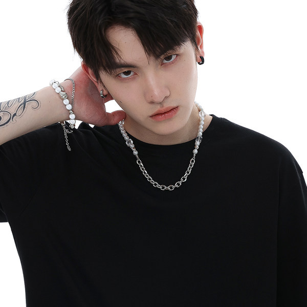 Vīriešu titāna tērauda ķēde ar dekoratīvām pērlēm