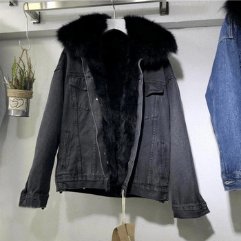2022 Γυναικείο χειμερινό vintage βαμβακερό παλτό Χοντρό ζεστό τζιν μπουφάν Γυναικείο μεγάλο φαρδύ γιακά από γούνα Plus Velvet Εξωτερικά ρούχα Jean Parka