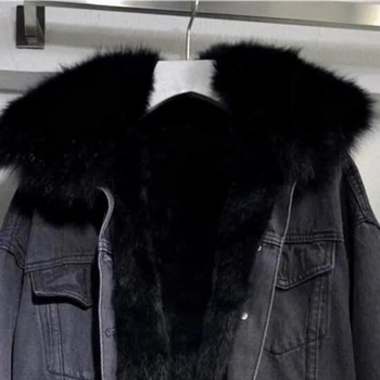 2022 Γυναικείο χειμερινό vintage βαμβακερό παλτό Χοντρό ζεστό τζιν μπουφάν Γυναικείο μεγάλο φαρδύ γιακά από γούνα Plus Velvet Εξωτερικά ρούχα Jean Parka