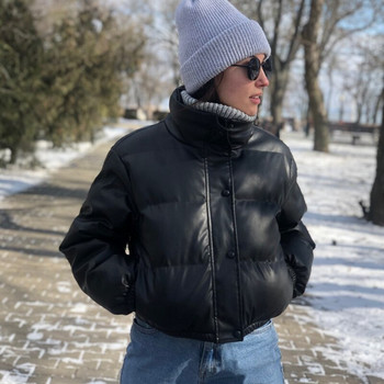 Зимни топли дебели палта от PU кожа Дамски къси паркове Модни черни памучни подплатени дамски пухени якета Елегантни дрехи с цип 2022