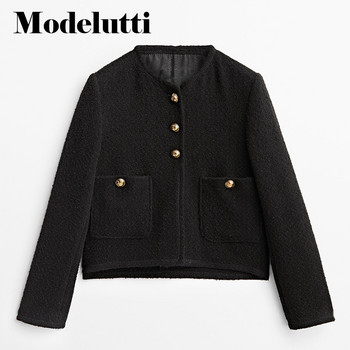 Modelutti 2022, есен, нова мода с дълъг ръкав, туид, златни копчета, късо палто, едноцветно дамско, тънко, просто, ежедневни горнища, женски шик