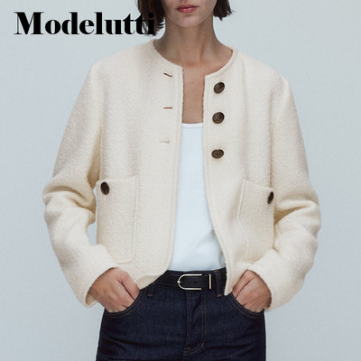 Modelutti 2022 Φθινόπωρο Νέα μόδα Μακρυμάνικο τουίντ χρυσά κουμπιά Κοντό παλτό Μασίφ Γυναικείο Λεπτό απλό, καθημερινό τοπ Γυναικείο κομψό