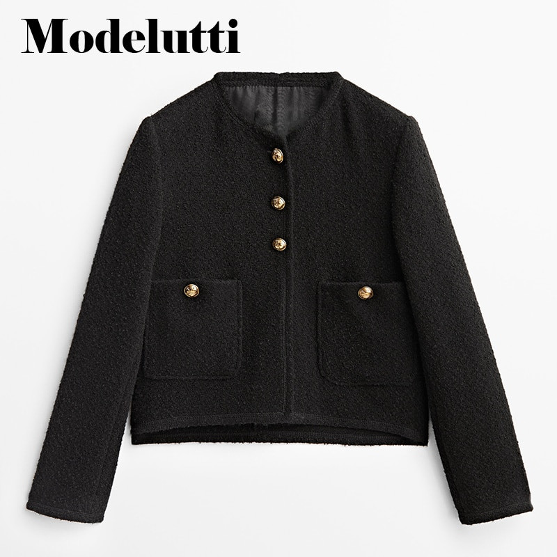 Modelutti 2022, rudens jauna mode, garām piedurknēm, tvīda zelta pogas, īss mētelis, masīvs sieviešu plāns, vienkāršs ikdienas topi, elegants sieviešu