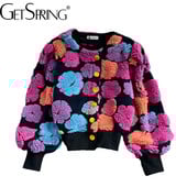 GetSpring Moteriškas vilnonis paltas Retro pliušinės gėlės, kratinys, nauji komplektai Vilna striukė All Match Short Outwear žieminis paltas moterims