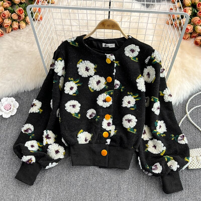 GetSpring Moteriškas vilnonis paltas Retro pliušinės gėlės, kratinys, nauji komplektai Vilna striukė All Match Short Outwear žieminis paltas moterims