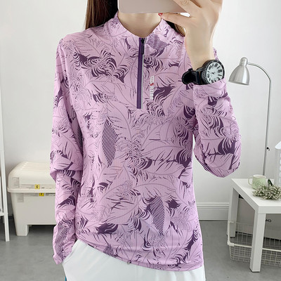 Sieviešu sporta blūze ar apdruku un rāvējslēdzēju uz apkakles