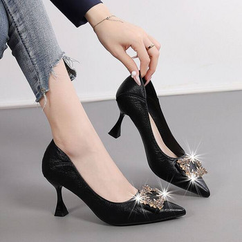 Модерни обувки с висока ток 5см и декоративни камъни за жени