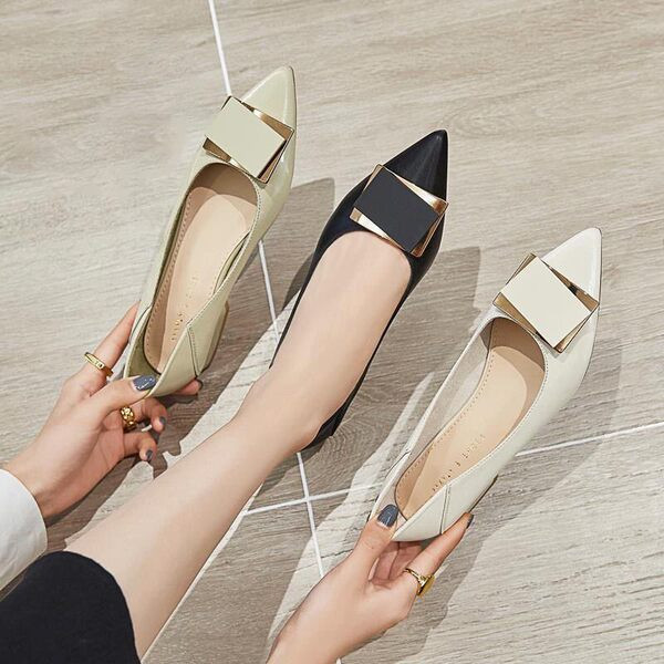 Sieviešu apavi ar zemu papēdi un kvadrātveida sprādzi