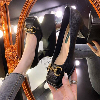 Модерни обувки от еко кожа с дебел ток 5.5см и метален елемент