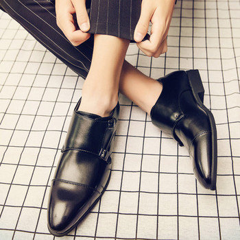 Мъжки заострени обувки с квадратен ток -кафяв и черен цвят