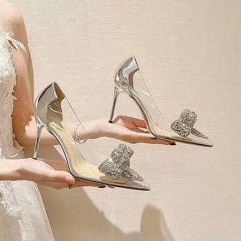 Елегантни дамски заострени обувки с панделка с камъни