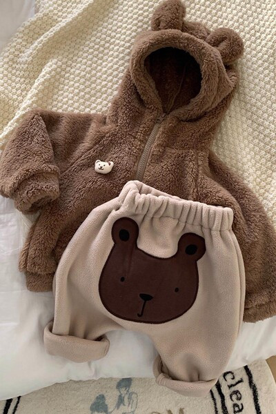 Kétrészes baba polár öltöny cipzárral és nyomattal