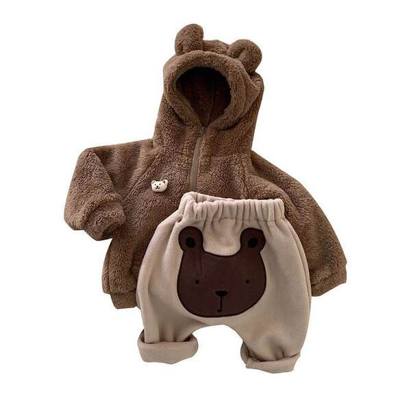 Kétrészes baba polár öltöny cipzárral és nyomattal