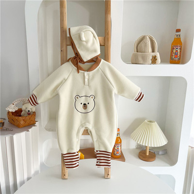 Βρεφική φλις ολόσωμη φόρμα με καπέλο και κέντημα