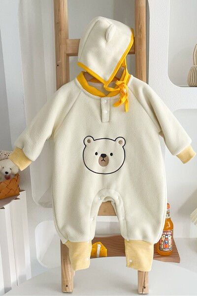 Βρεφική φλις ολόσωμη φόρμα με καπέλο και κέντημα