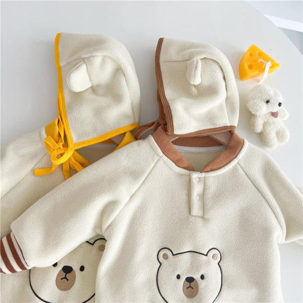 Βρεφική φλις ολόσωμη φόρμα με καπέλο και κέντημα