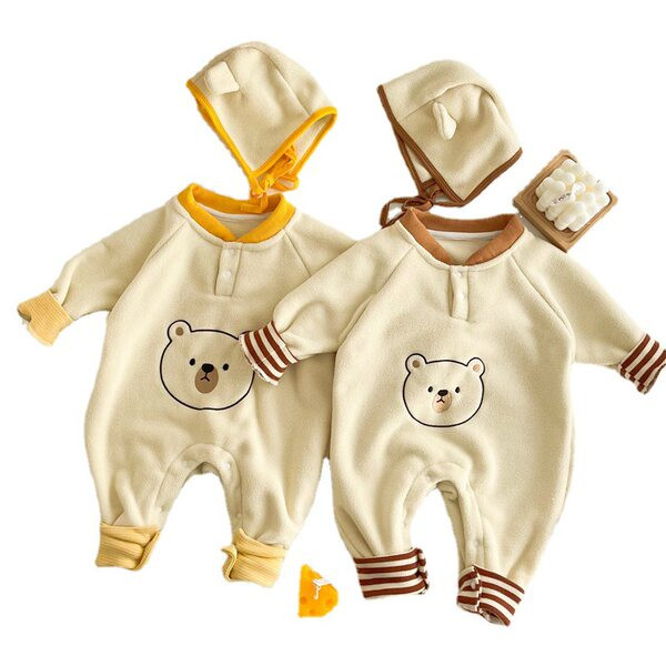 Βρεφική φλις ολόσωμη φόρμα με καπέλο και κέντημα