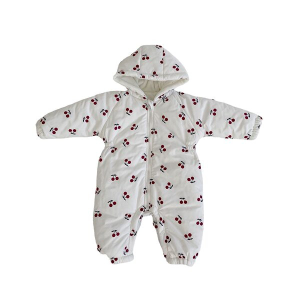 Ziemas jaka mazulim ar kapuci, rāvējslēdzēju un ķiršu apdruku