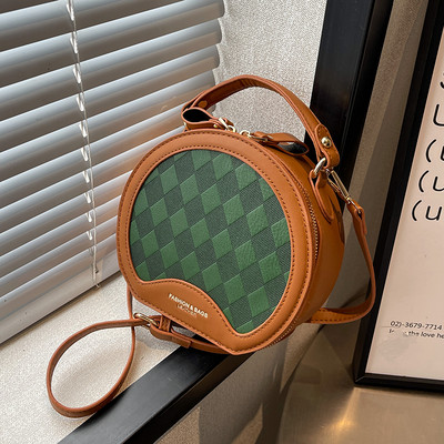 Малка кръгла чанта с цип, принт и дръжка за рамо