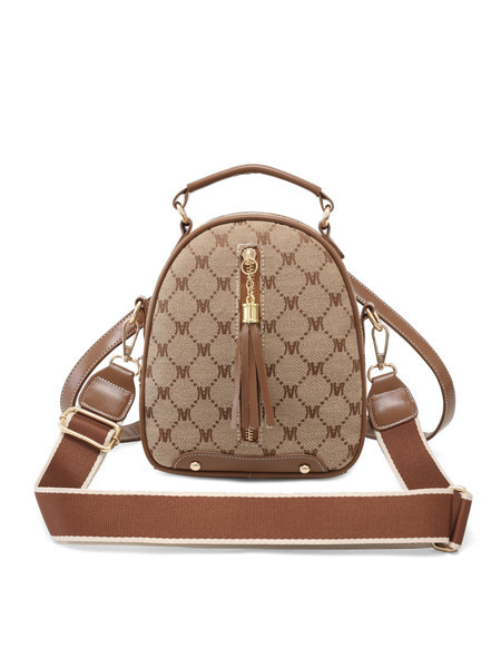 Moderna sieviešu mugursoma ar pušķi baltā un brūnā krāsā