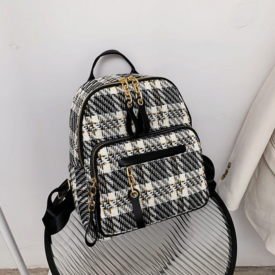 Rūtaina sieviešu mugursoma ar kabatu un rāvējslēdzēju