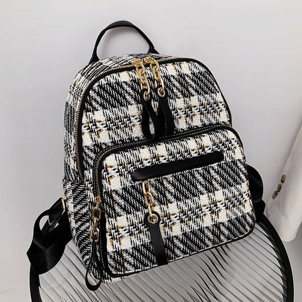 Rūtaina sieviešu mugursoma ar kabatu un rāvējslēdzēju