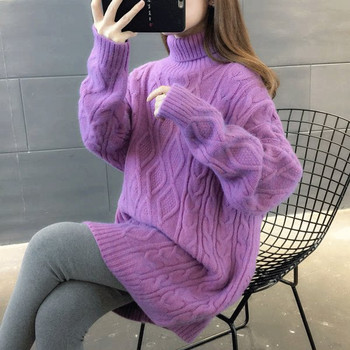 Плетен дамски пуловер с висока яка за бременни