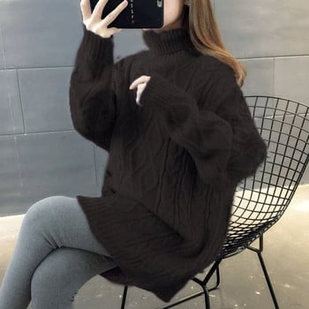 Плетен дамски пуловер с висока яка за бременни