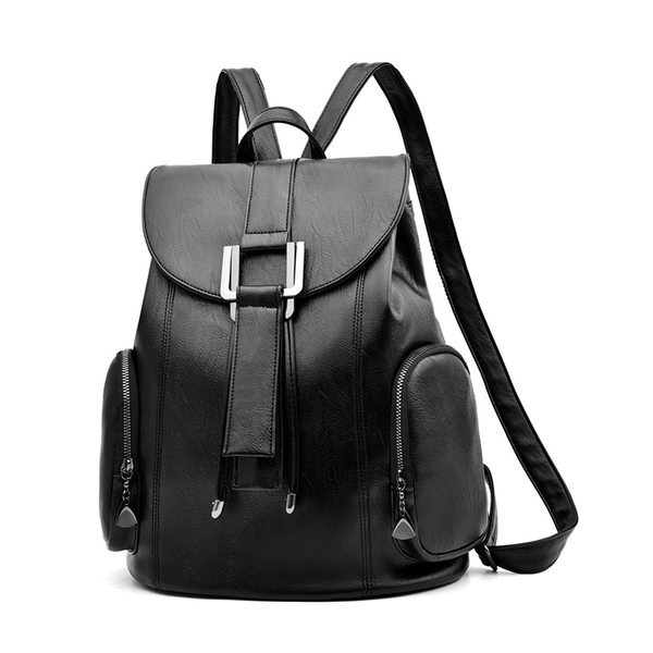 Sieviešu ādas mugursoma ar divām ārējām kabatām