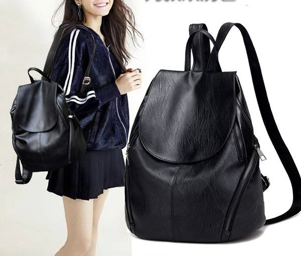 Sieviešu melna mugursoma ar rokturiem un rāvējslēdzēju