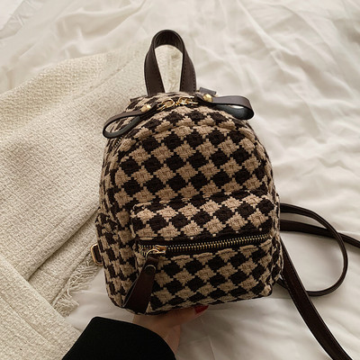 Tekstila rūtaina sieviešu mugursoma ar priekšējo kabatu