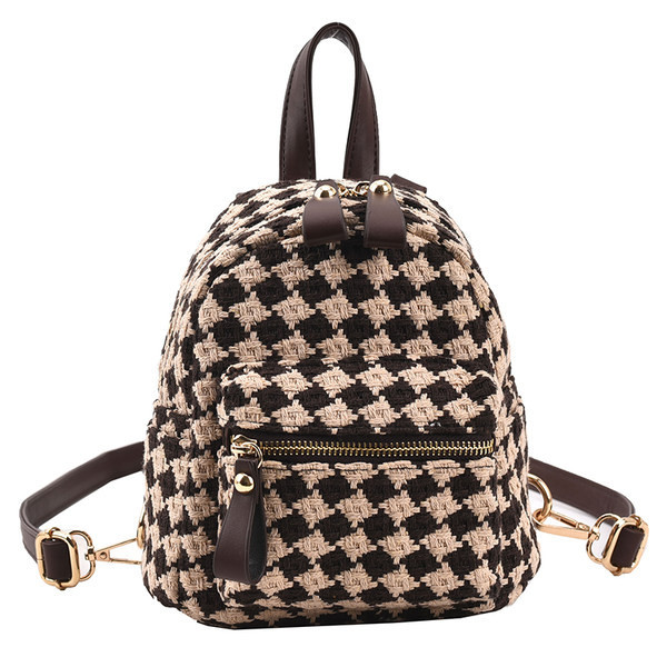 Tekstila rūtaina sieviešu mugursoma ar priekšējo kabatu