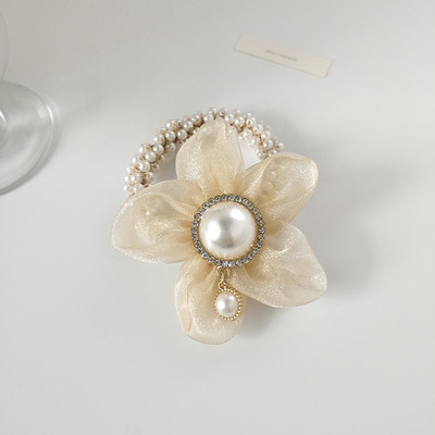 Нов модел дамски ластик за коса с перли и 3D елемент цвете