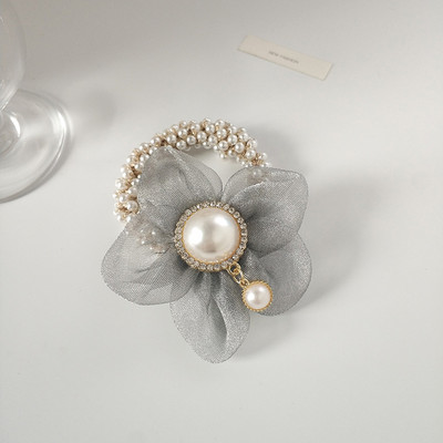 Нов модел дамски ластик за коса с перли и 3D елемент цвете