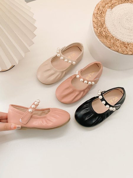 Детски кожени - обувки с перли 